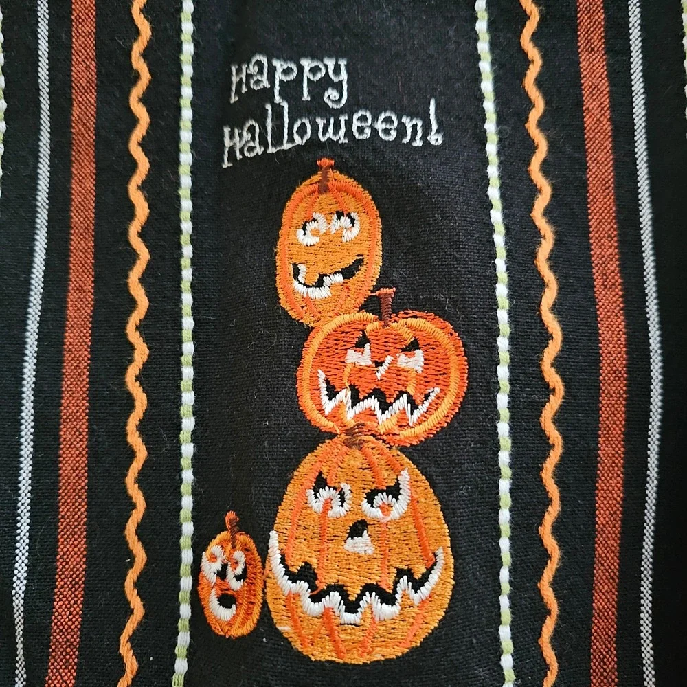 DII Halloween Kitchen Towels Set of 2 Black Striped Embroidered Pumpkins Cotton